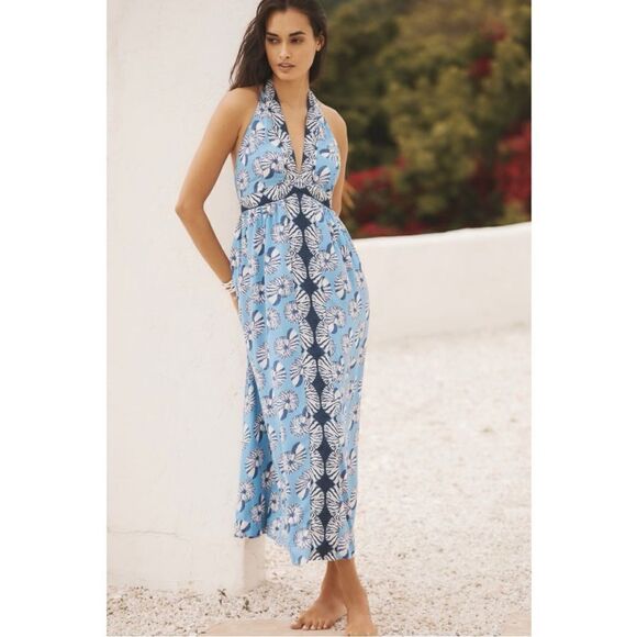 NEW Anthropologie Tropical Beach Swim Seashell Halter Cut Out Midi Dress Large - Picture 1 of 4